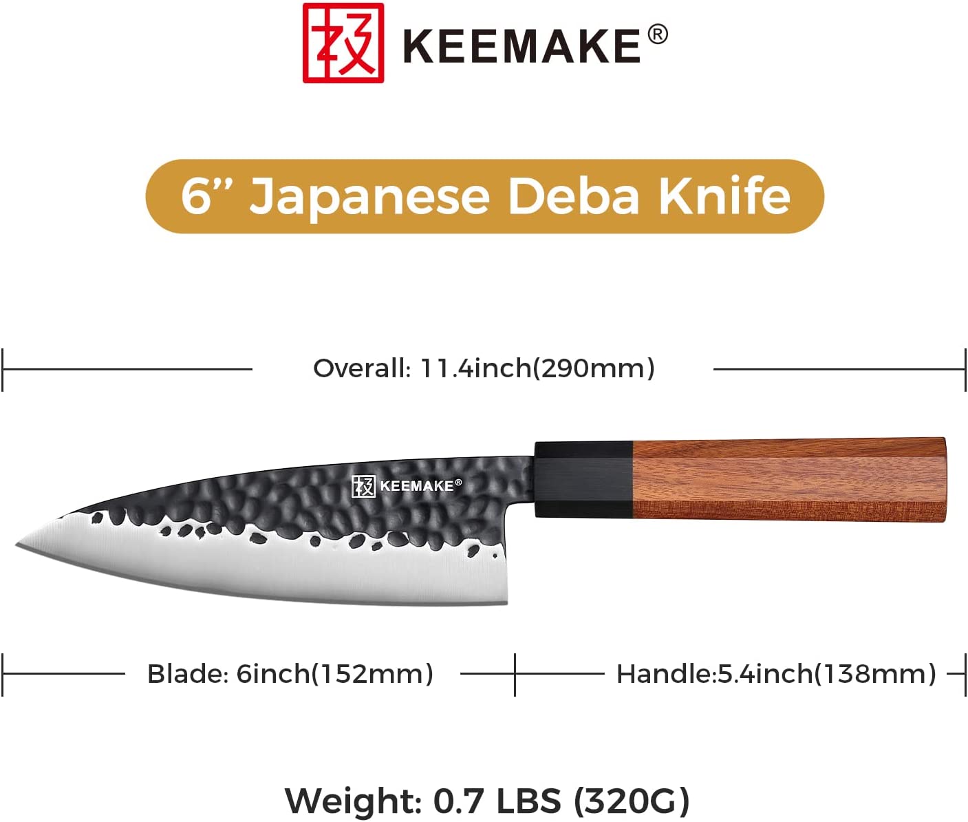 KEEMAKE Deba Knife 6 inch, Double Bevel Japanese 440C Stainless Steel