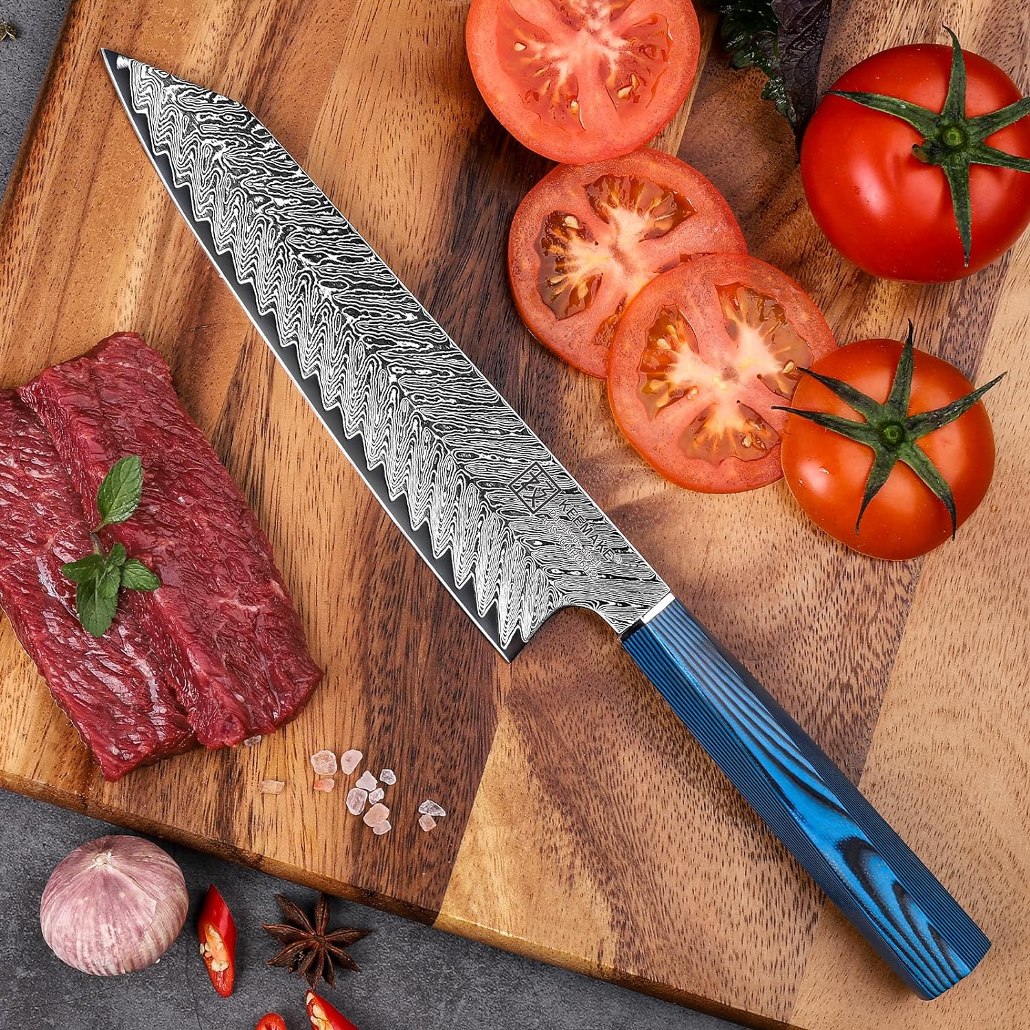 Keemake kitchen knife 8inch Gyuto chef's knife 67 layers Damascus stainless steel  for kitchen meat cutting(Blue G10 Handle)