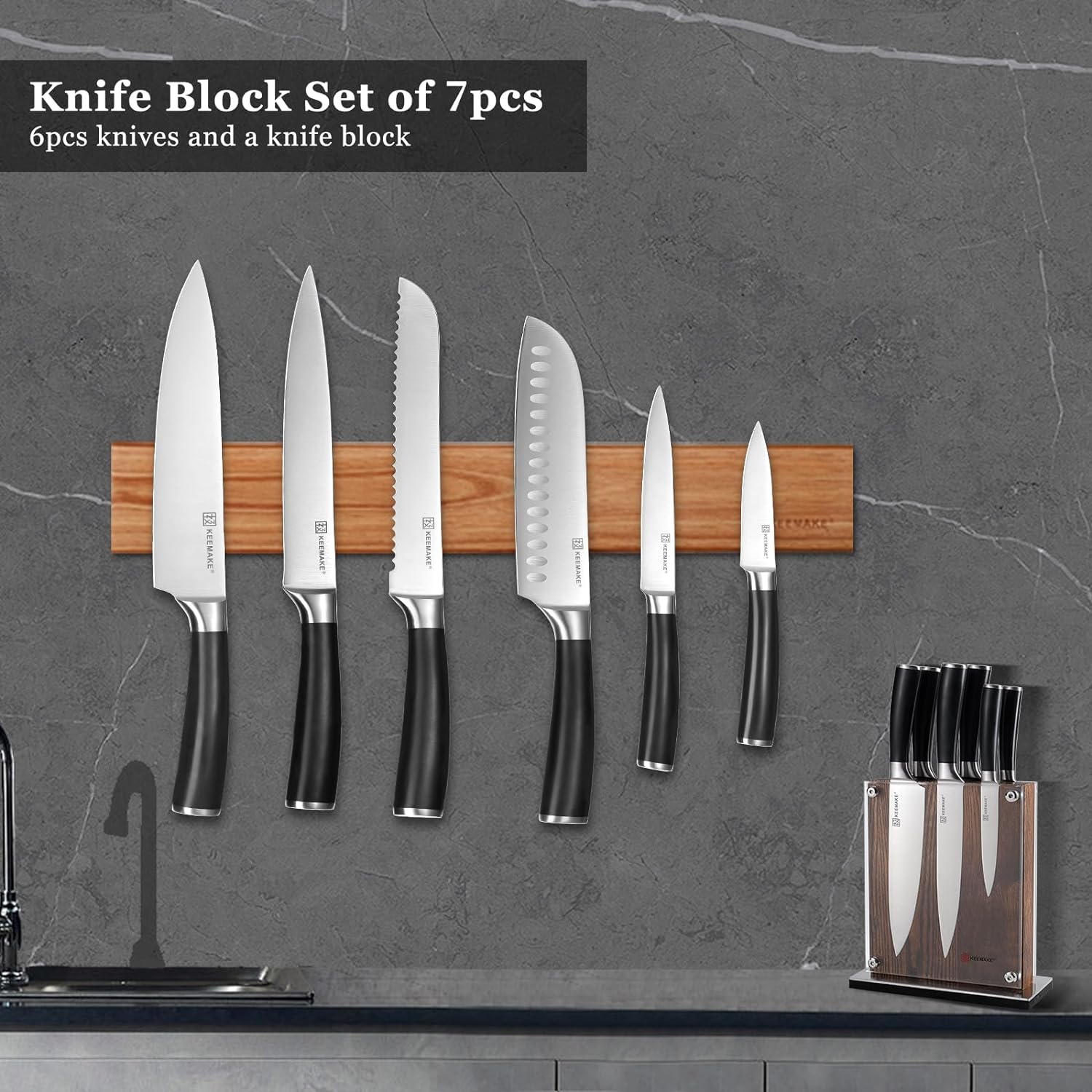 KEEMAKE Knife Block Set of 7pcs, Kitchen Knife Set with High Carbon Stainless Steel 1.4116 Blade Knife Sets