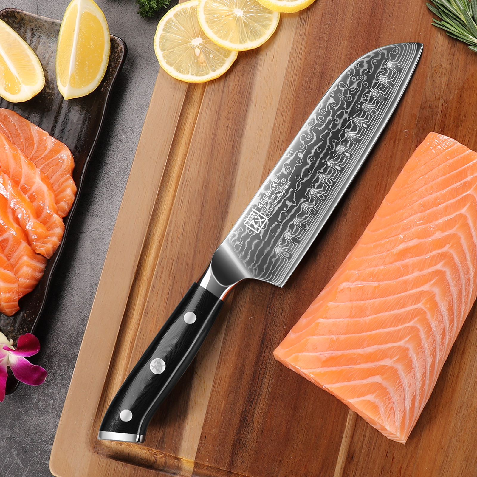 KEEMAKE Damascus Santoku Knife for Kitchen - 7 Inch Extra Sharp Japanese Chef Knife