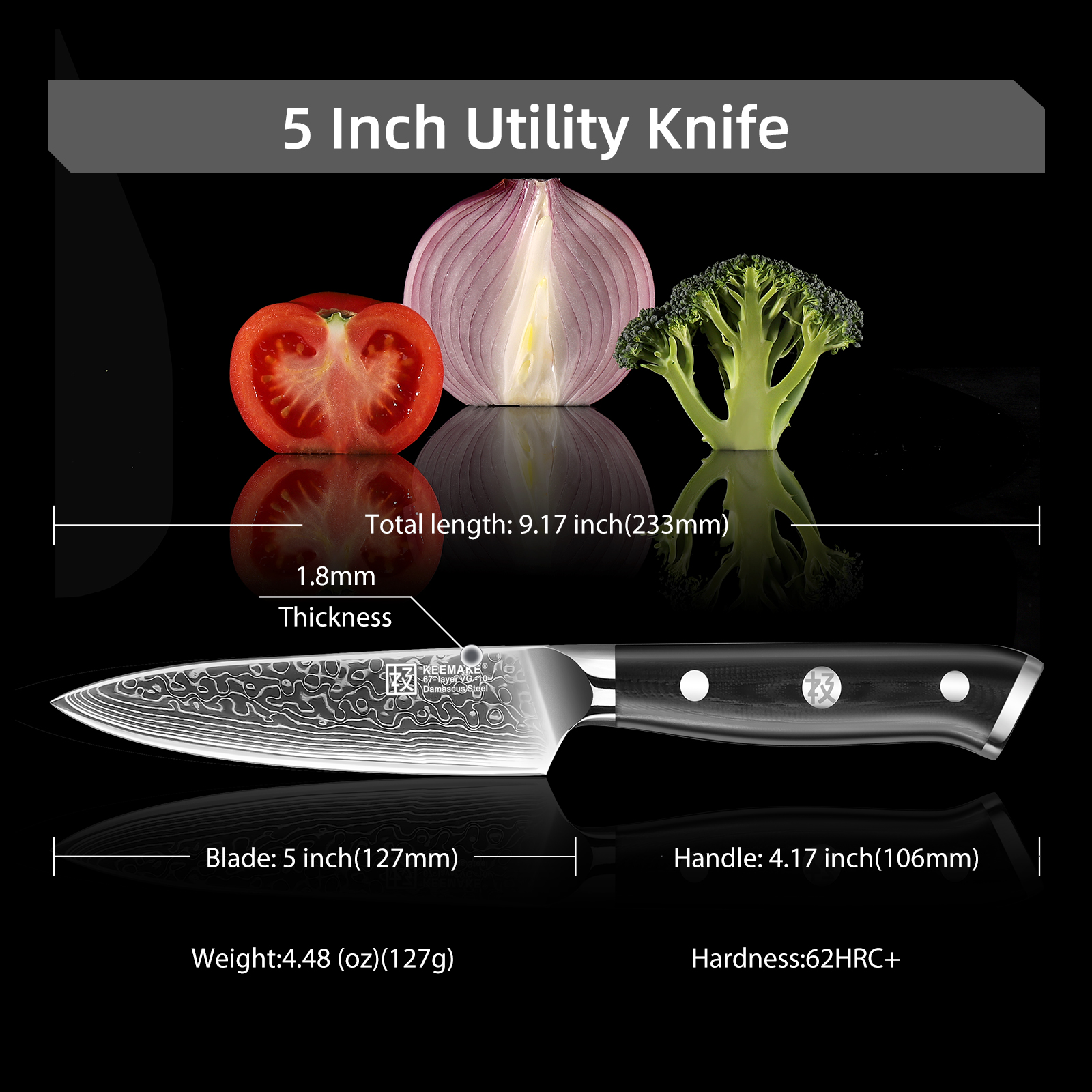 KEEMAKE Damascus Kitchen Utility Knife - 5 Inch Extra Sharp Multipurpose Kitchen Knife