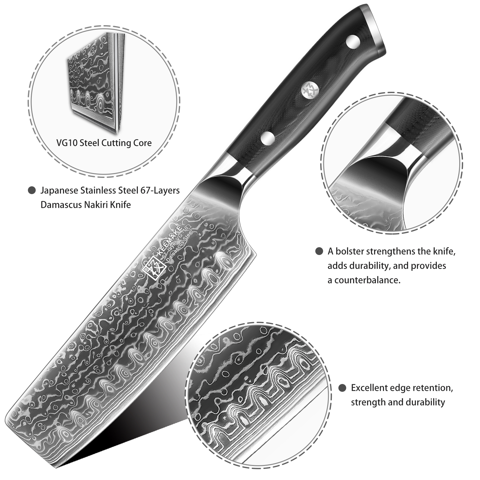 KEEMAKE Damascus Japanese Nakiri Knife - 7 Inch Professional Extra Sharp Kitchen Cleaver and Vegetable Knife