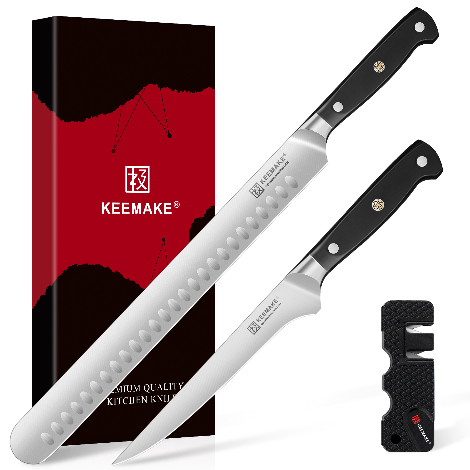 KEEMAKE Knife Set of 3pcs, 12 Inch Brisket Knife and 7 Inch Boning Knife with High Carbon Stainless Steel for Ham Cutting with ABS Handle